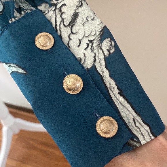 NIDODILEDA women’s green floral button down high neck L/S imported shirt sz L - Picture 6 of 15